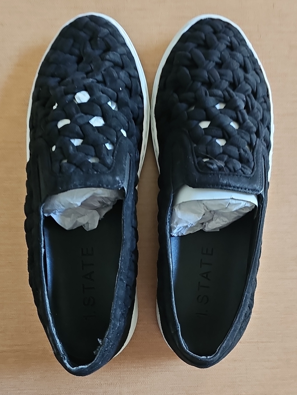 1. State Black Woven Suede Like Fabric Slip-On Sneakers Lattice with White Soles